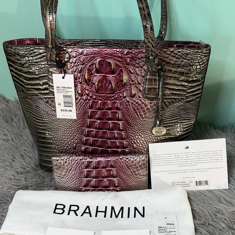 New Brahmin Medium Misha Garnet Ombre Melbourne Genuine Leather Set.
